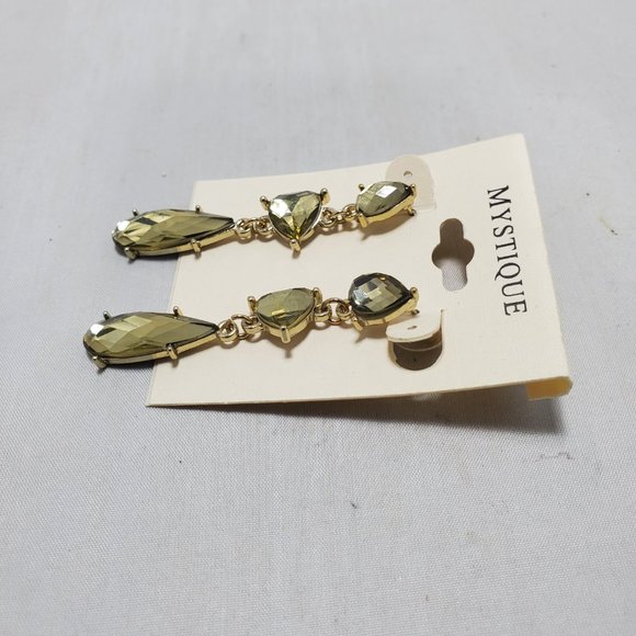 Mystique3 tier drop earring with green olive color stones 2 inch length pierced - Picture 2 of 6